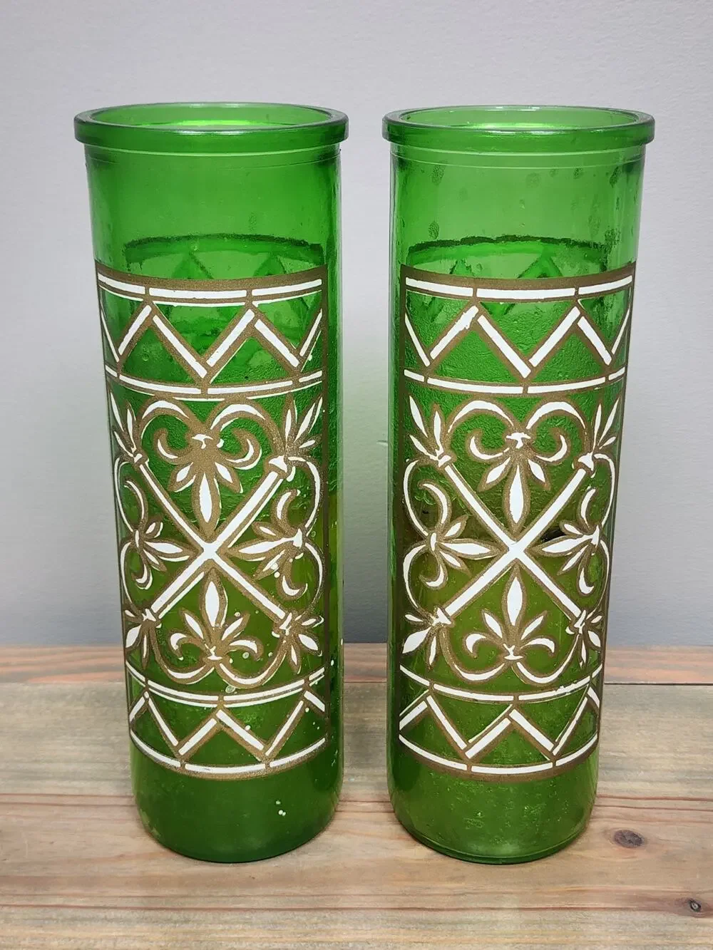 Vintage Green Glass Pillar Candles Geometric Lattice 9